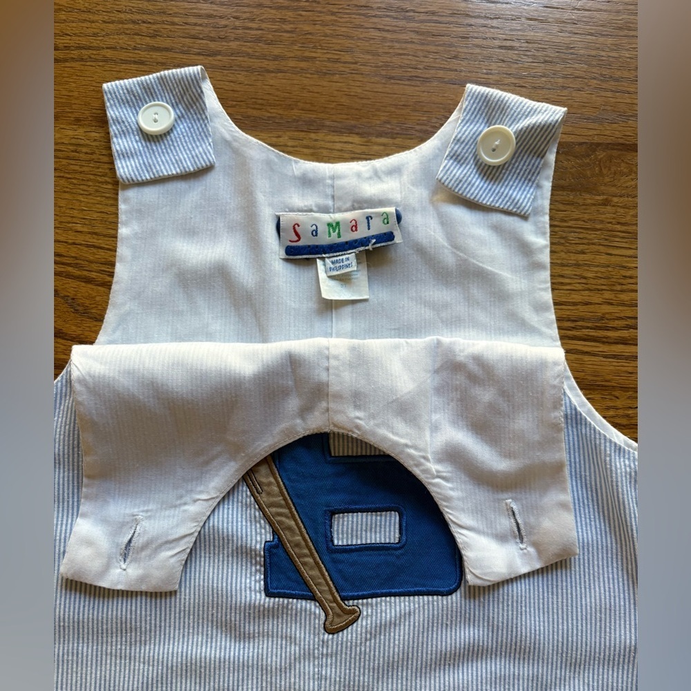 Samara 3T Vintage blue and white Striped Jon-Jon with Baseball/B applique - Picture 5 of 14